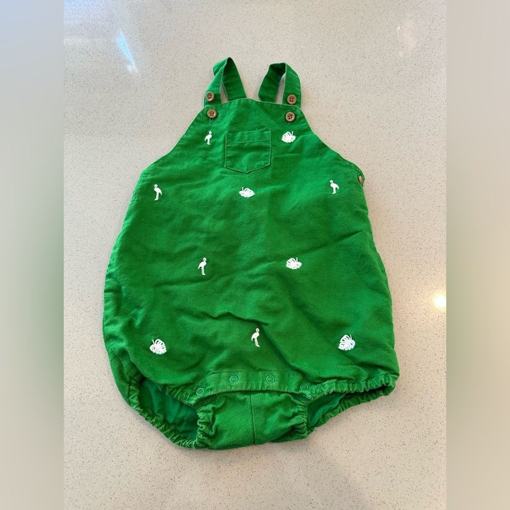 Janie and Jack Baby Tropical Embroidered Linen Green Overall Size 18-24 Months